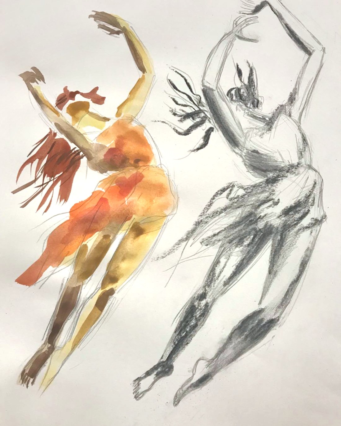 Two figures with arms raised, mid-movement — one painted in watercolor, one drawn in charcoal.